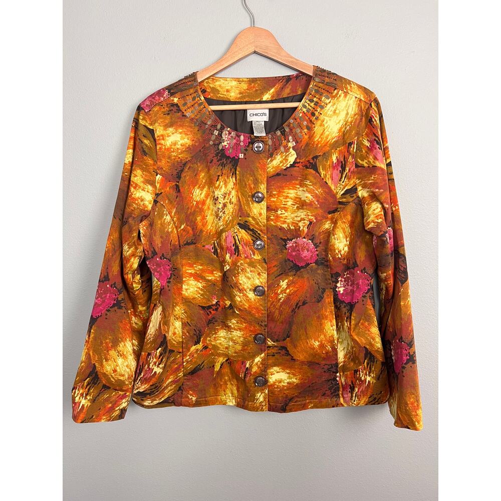 Chico's Women's L Jacket Blazer Floral Beaded Art to Wear Stretch Colorful Party - Picture 11 of 11